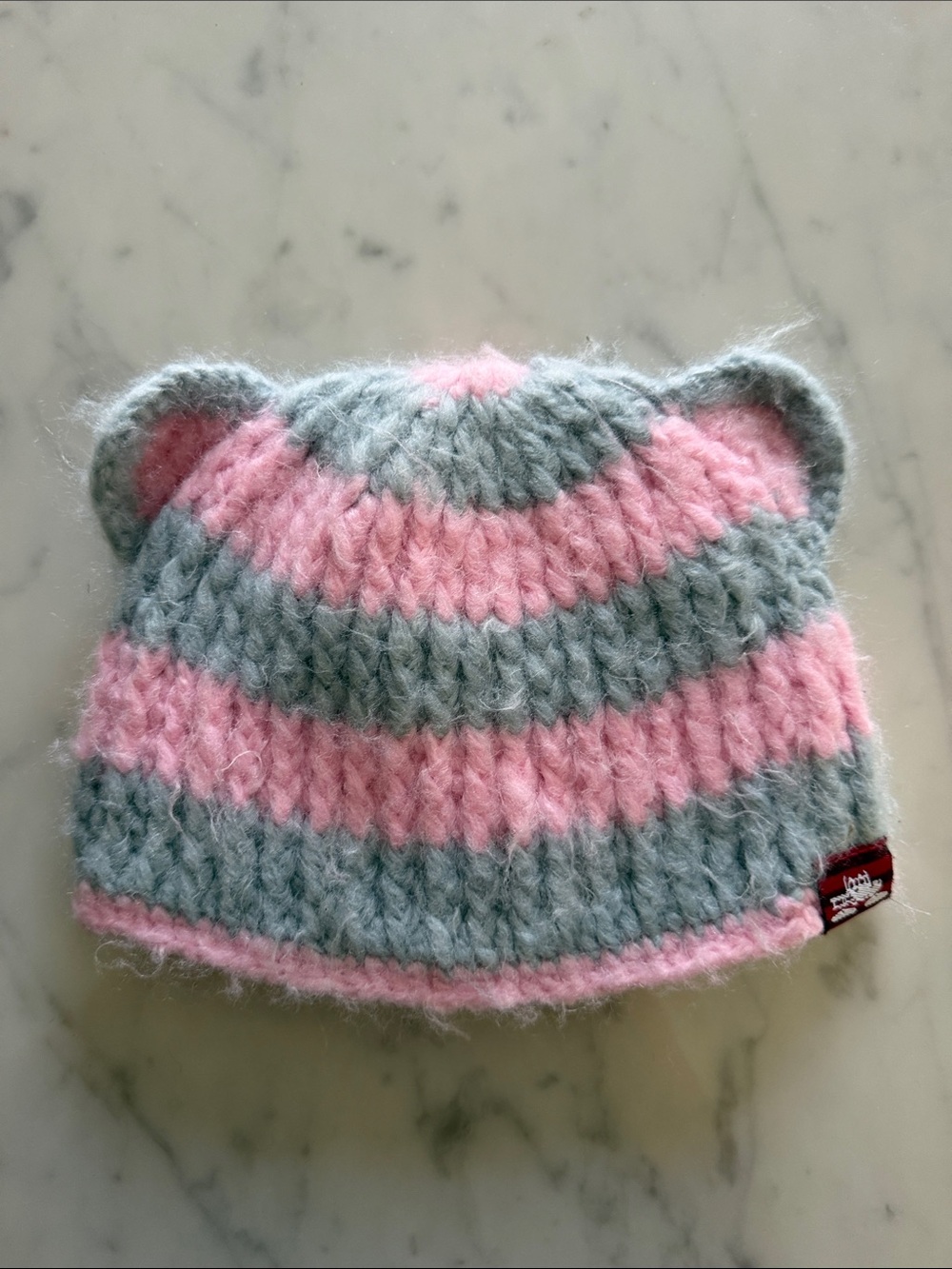 Striped Knit Bear-Ear Kids Hat in Pink and Gray